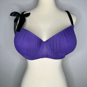 Cacique Boost Plunge Bra 40DDD Purple Pleated Mesh Black Satin Bow Straps